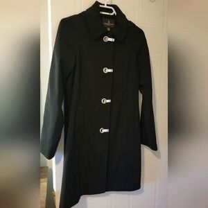 London Fog Women's Black Hooded Raincoat, Silver Hardware, Small